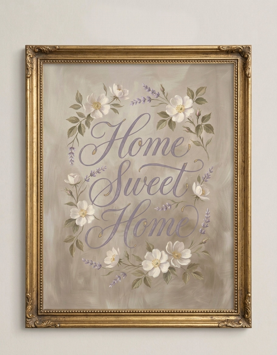 Home Sweet Home Wall Art Floral Typography Print Vintage Botanical Decor