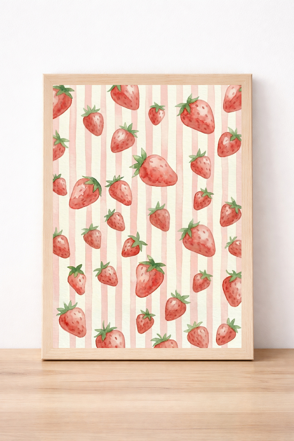 Strawberry Pattern Wall Art, Summer Fruit Print, Watercolour Home Decor, Cottagecore Kitchen Illustration
