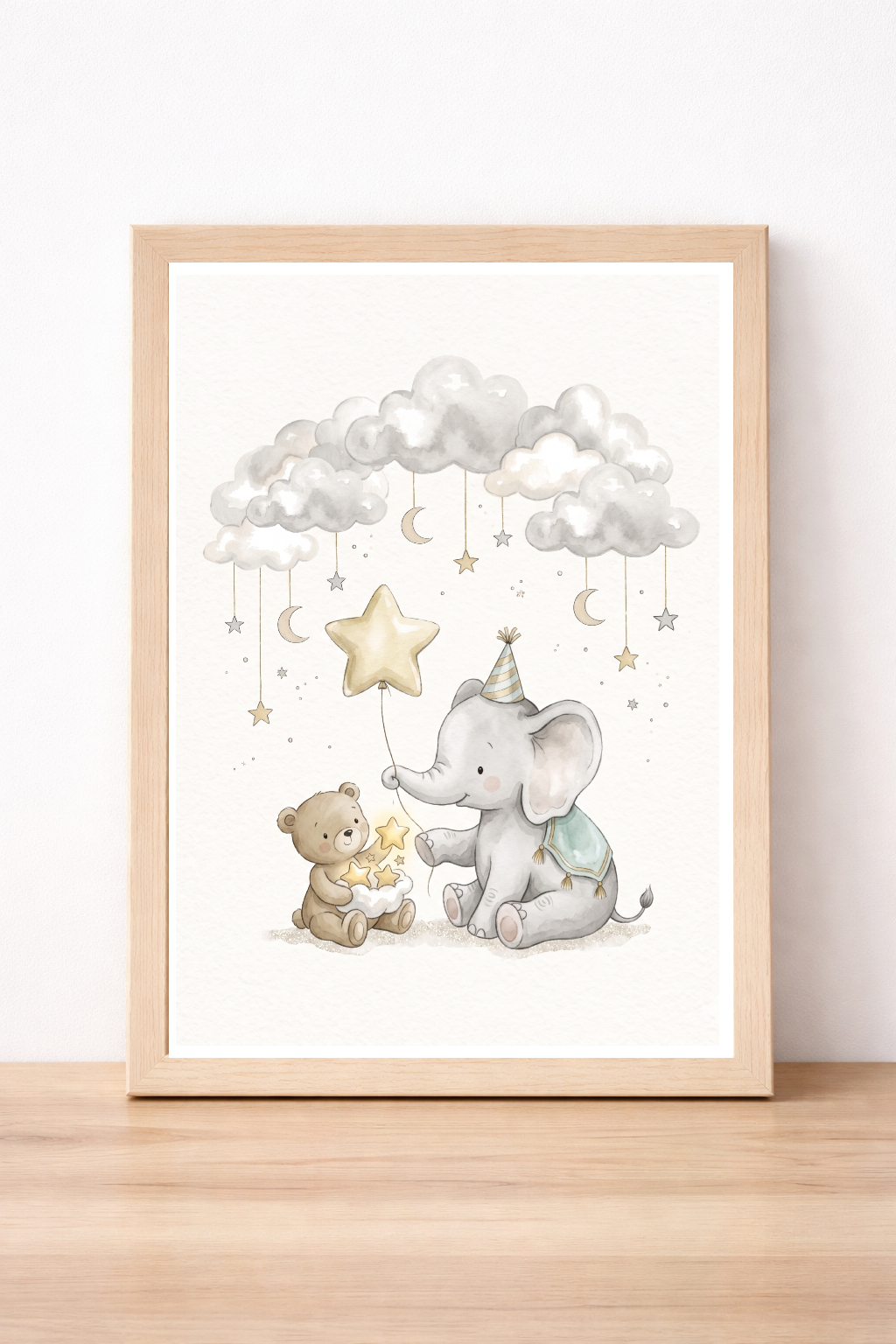 Elephant And Teddy Bear Children's Print, Whimsical Nursery Wall Art, Starry Night Decor
