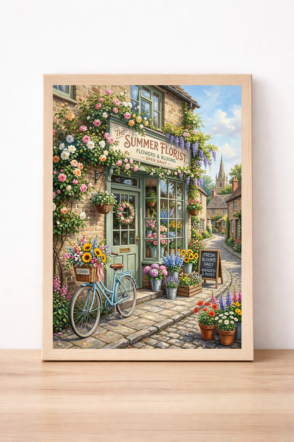 Summer Florist Shop Wall Art, Rustic Village Street Print, Cottagecore Country Home Decor