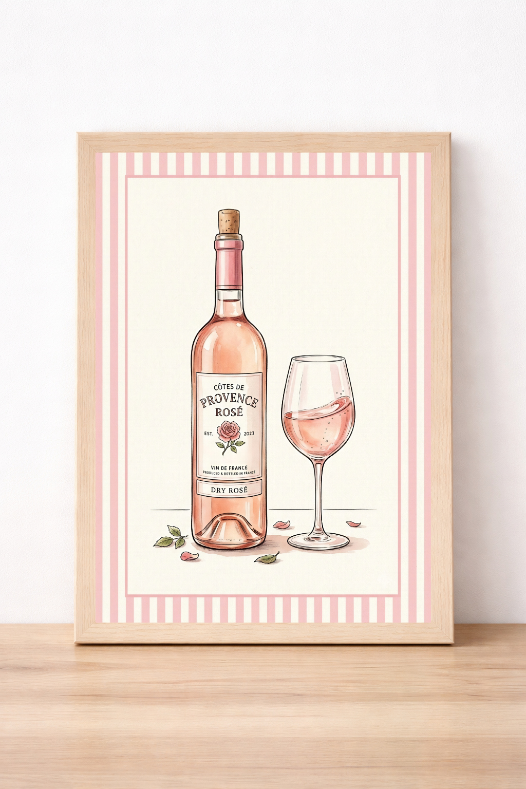 Provence Rose Wine Bottle And Glass Print, Pastel Alcohol Illustration, French Kitchen Decor