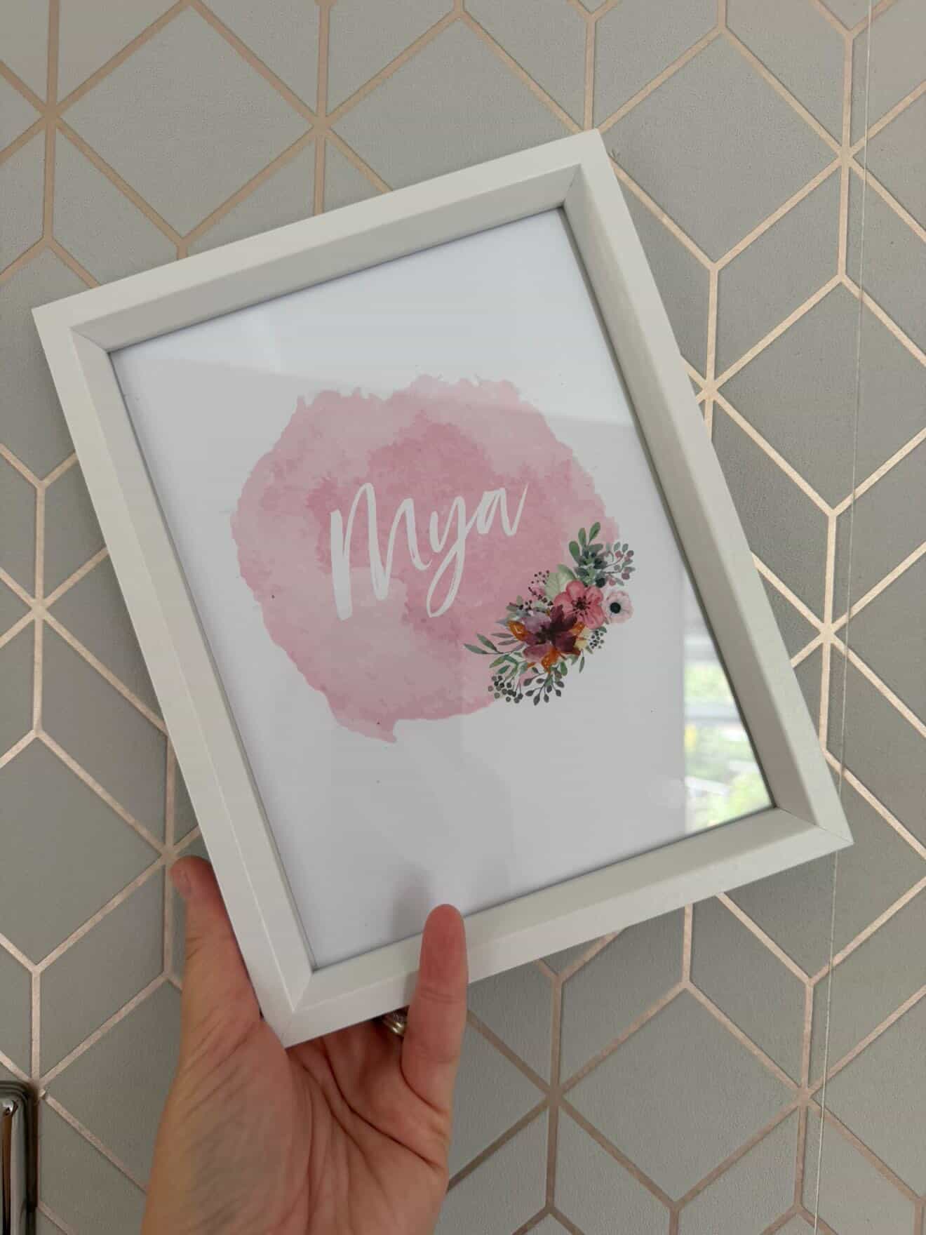 Personalised Pink Watercolour Name Floral Children's Room Wall Decor Print