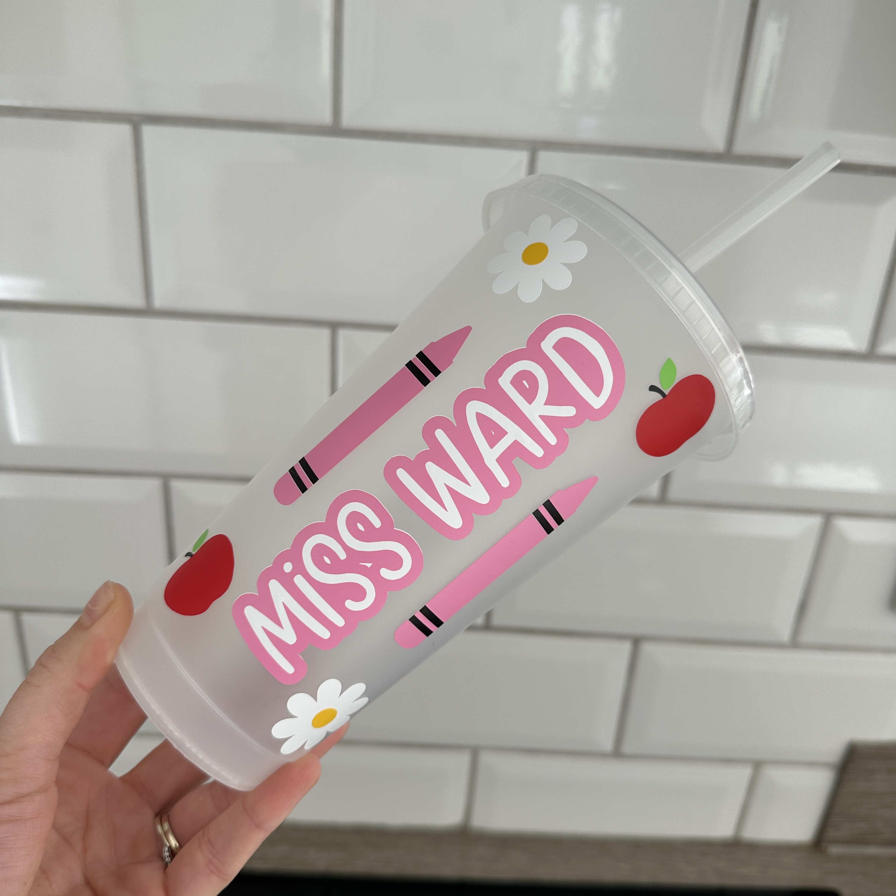 Personalised Teacher Cold Cup, Pink Crayon And Apple Design, Custom Name Gift, School Decor