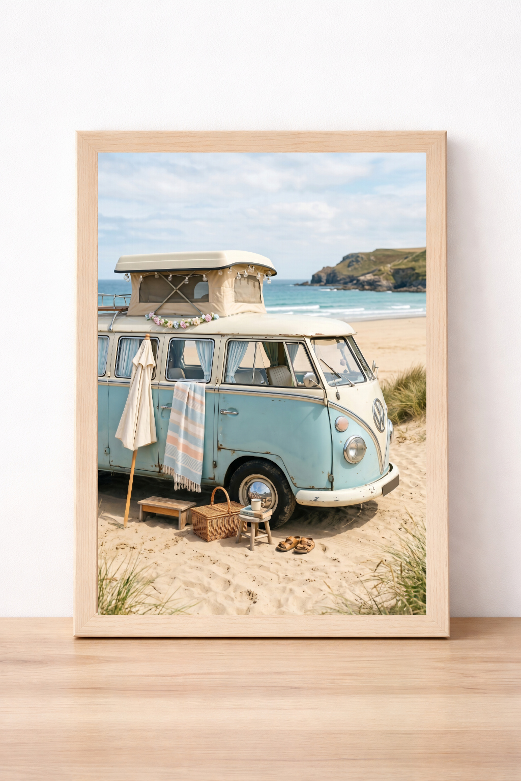 Vintage Camper Van Beach Scene Wall Art, Coastal Summer Print, Humorous Kitchen Decor