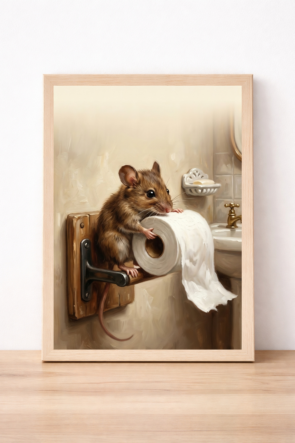 Mouse With Toilet Roll Bathroom Print, Whimsical Animal Art, Humorous Home Decor