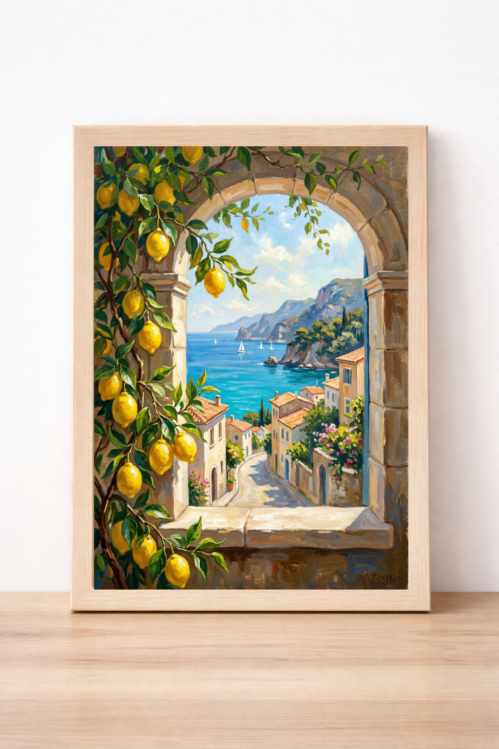 Lemon Archway Summer Wall Art Mediterranean Coastal Landscape Print Rustic Kitchen Decor