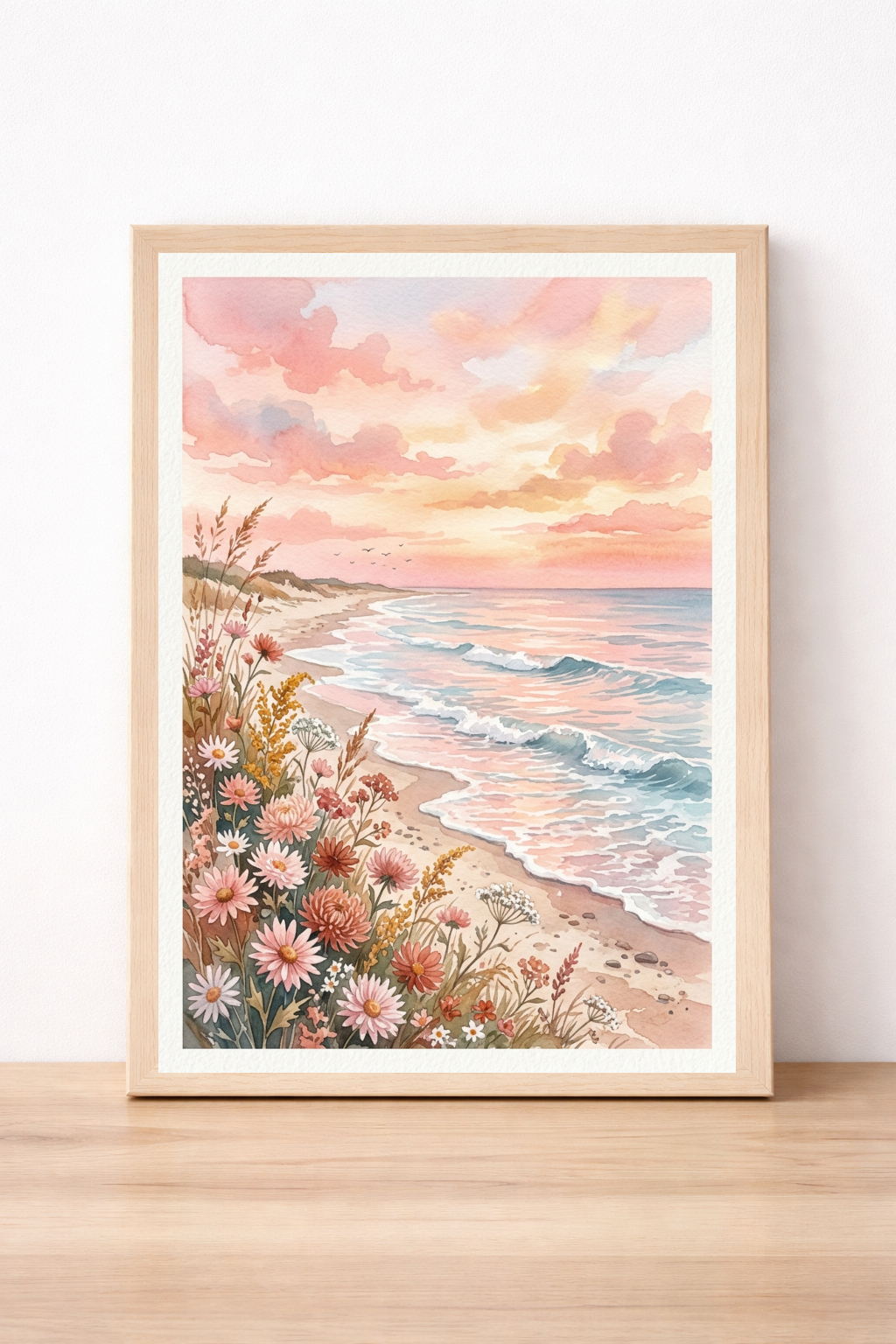Sunset Beach Autumn Wall Art, Coastal Landscape Print, Pastel Seaside Decor, Nature Illustration
