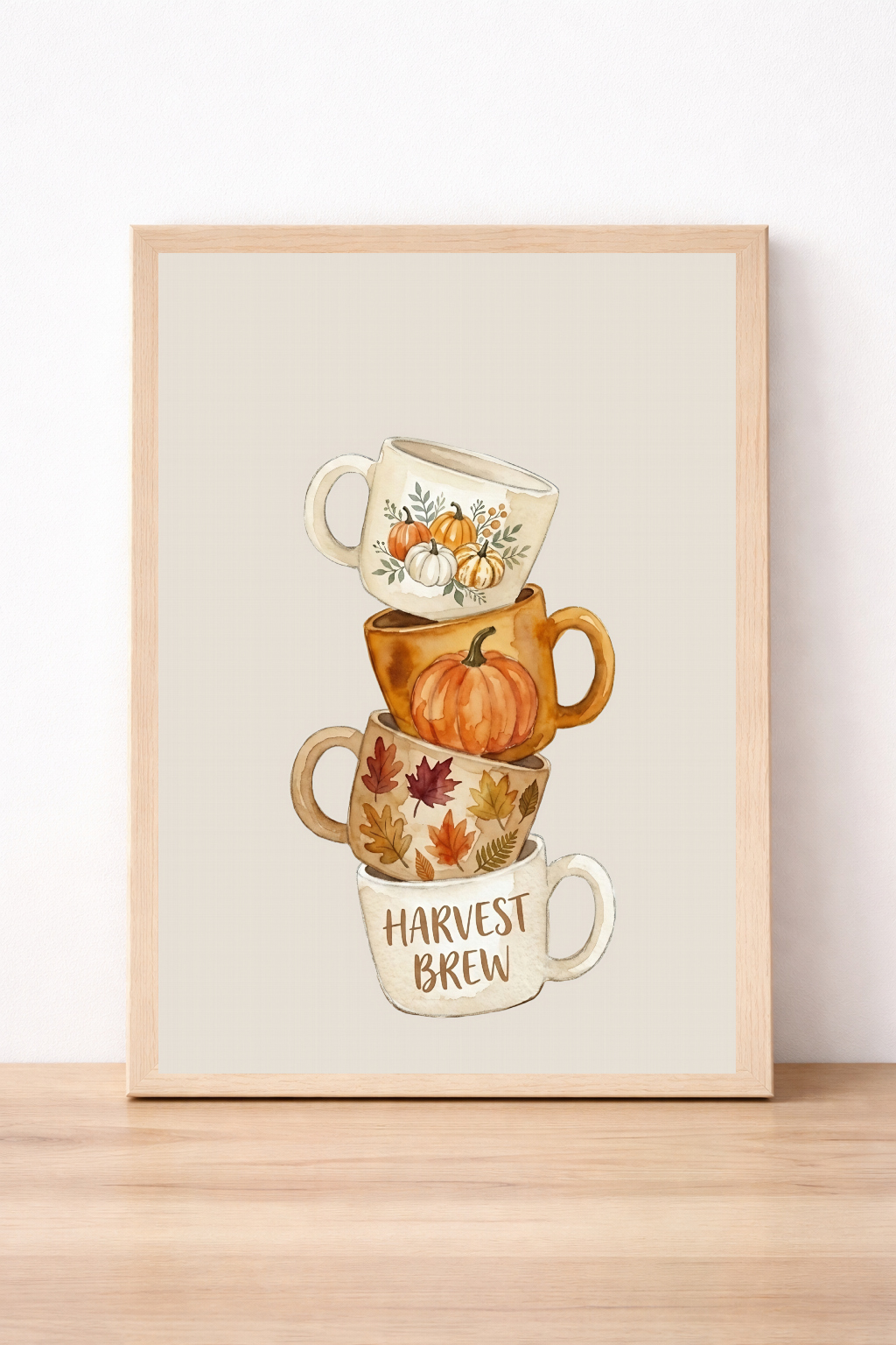Harvest Brew Autumn Wall Art Stacked Pumpkin And Leaf Mugs Print Rustic Seasonal Decor