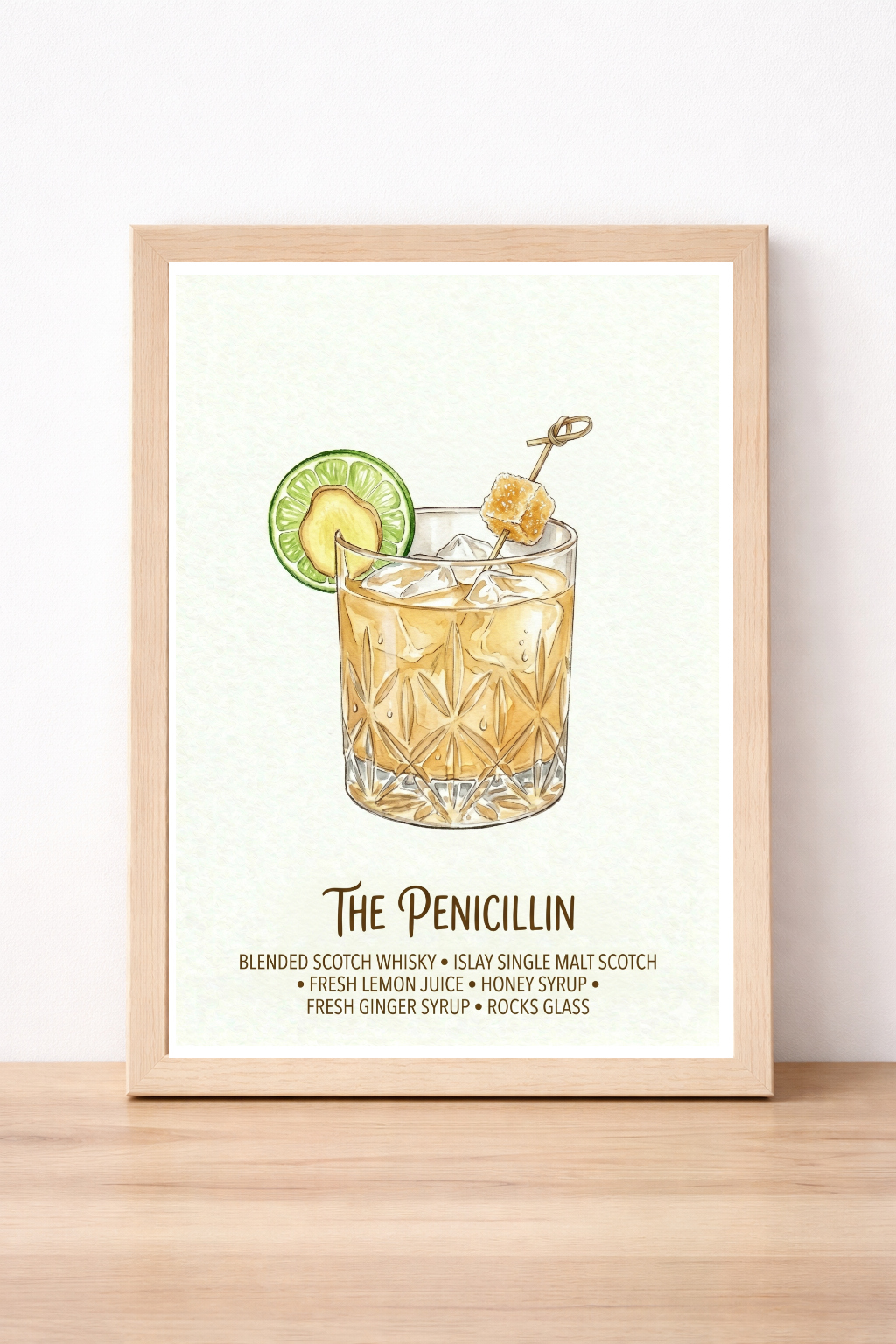The Penicillin Cocktail Recipe Print, Whisky And Honey Syrup Illustration, Modern Bar Decor