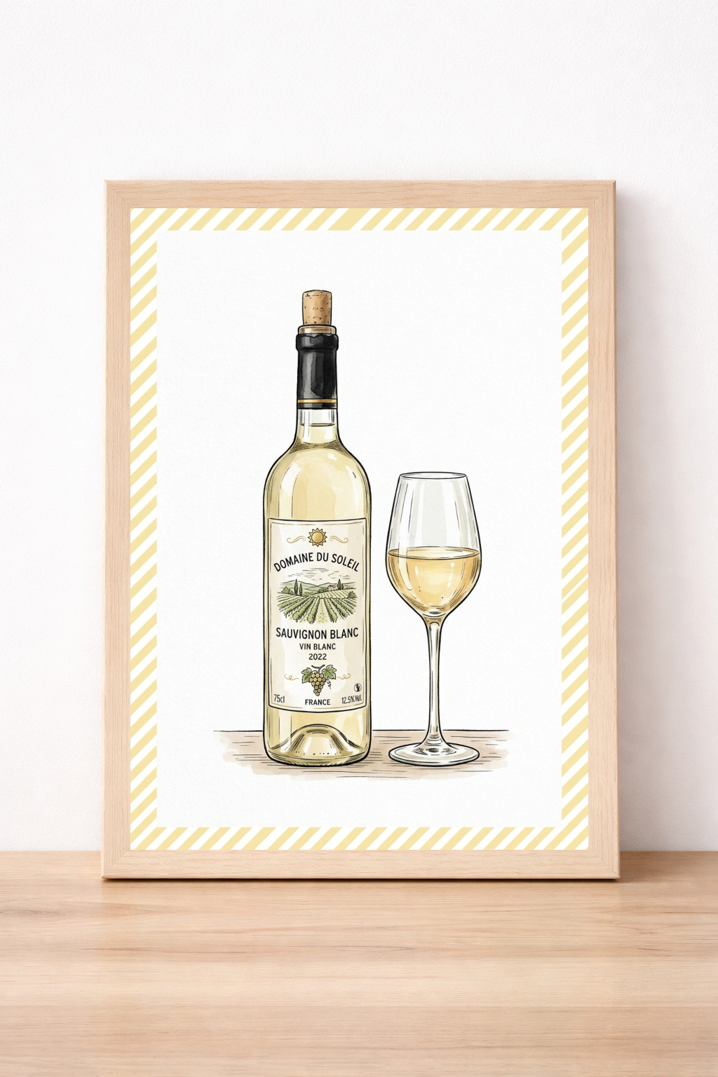 Sauvignon Blanc Wine Bottle And Glass Print, Kitchen Decor, Modern Alcohol Illustration