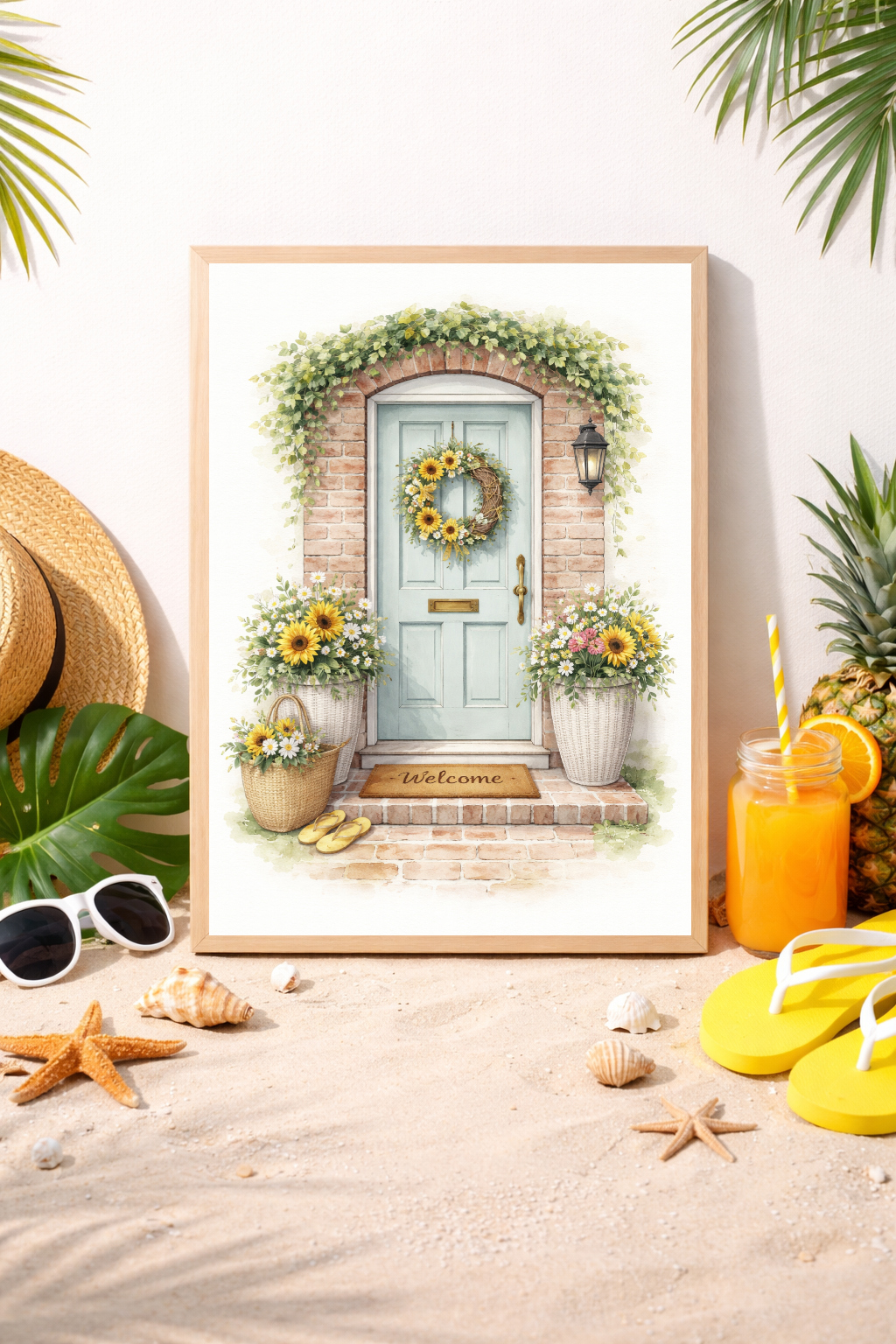 Blue Door Summer Cottage Door Wall Art – Rustic Sunflower Entrance Print, Farmhouse Decor, Country Home Illustration