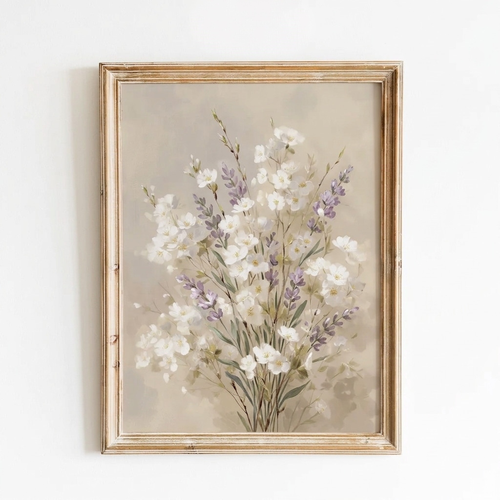 White And Lavender Floral Wall Art Botanical Flower Print Rustic Home Decor