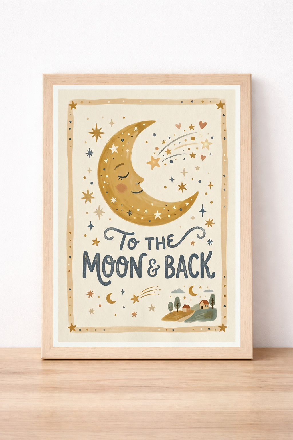 To The Moon And Back Children's Print, Whimsical Moon Illustration, Nursery Decor, Starry Night Theme