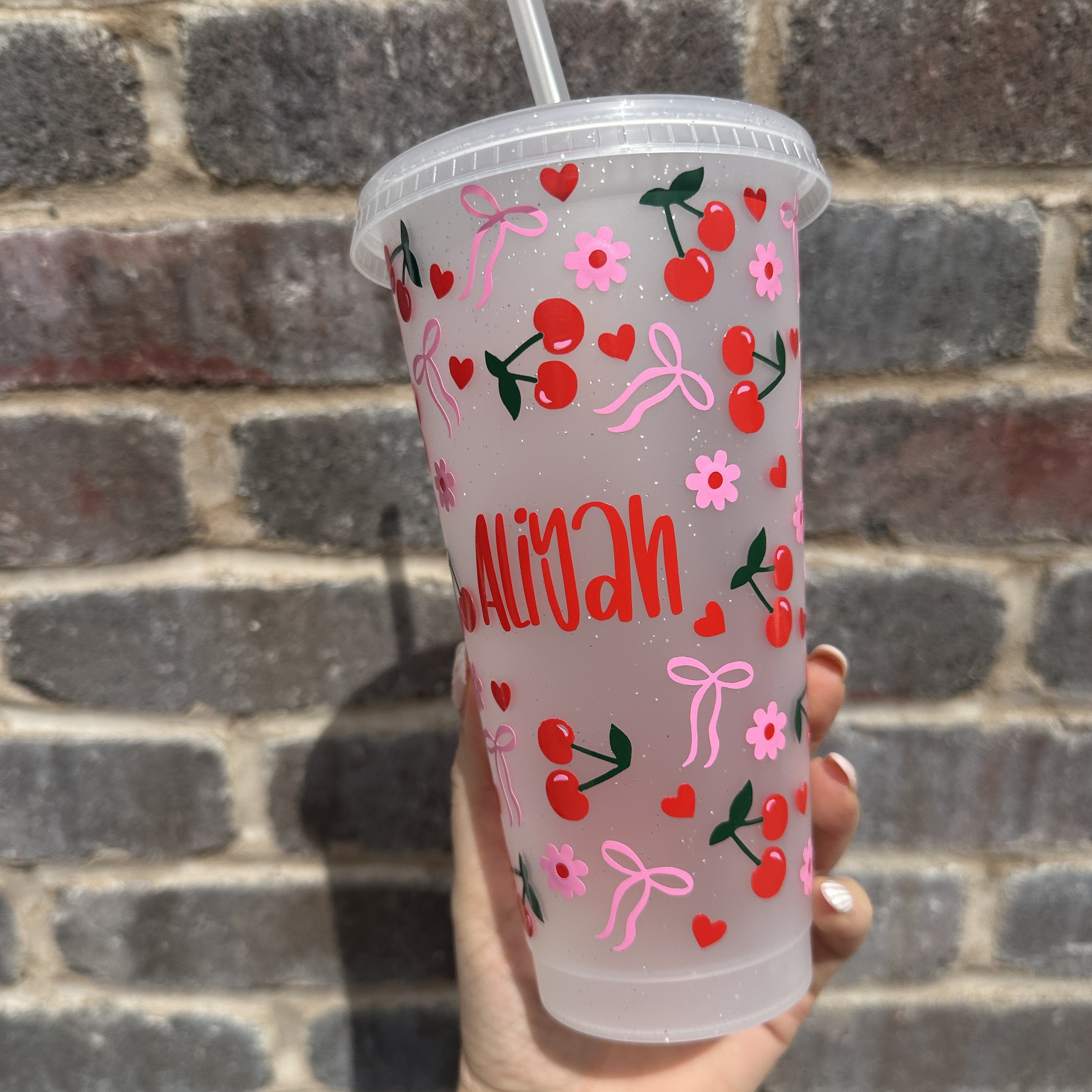 Personalised Cherry Pattern Cold Cup, Pink Floral Design, Fun Summer Drinkware