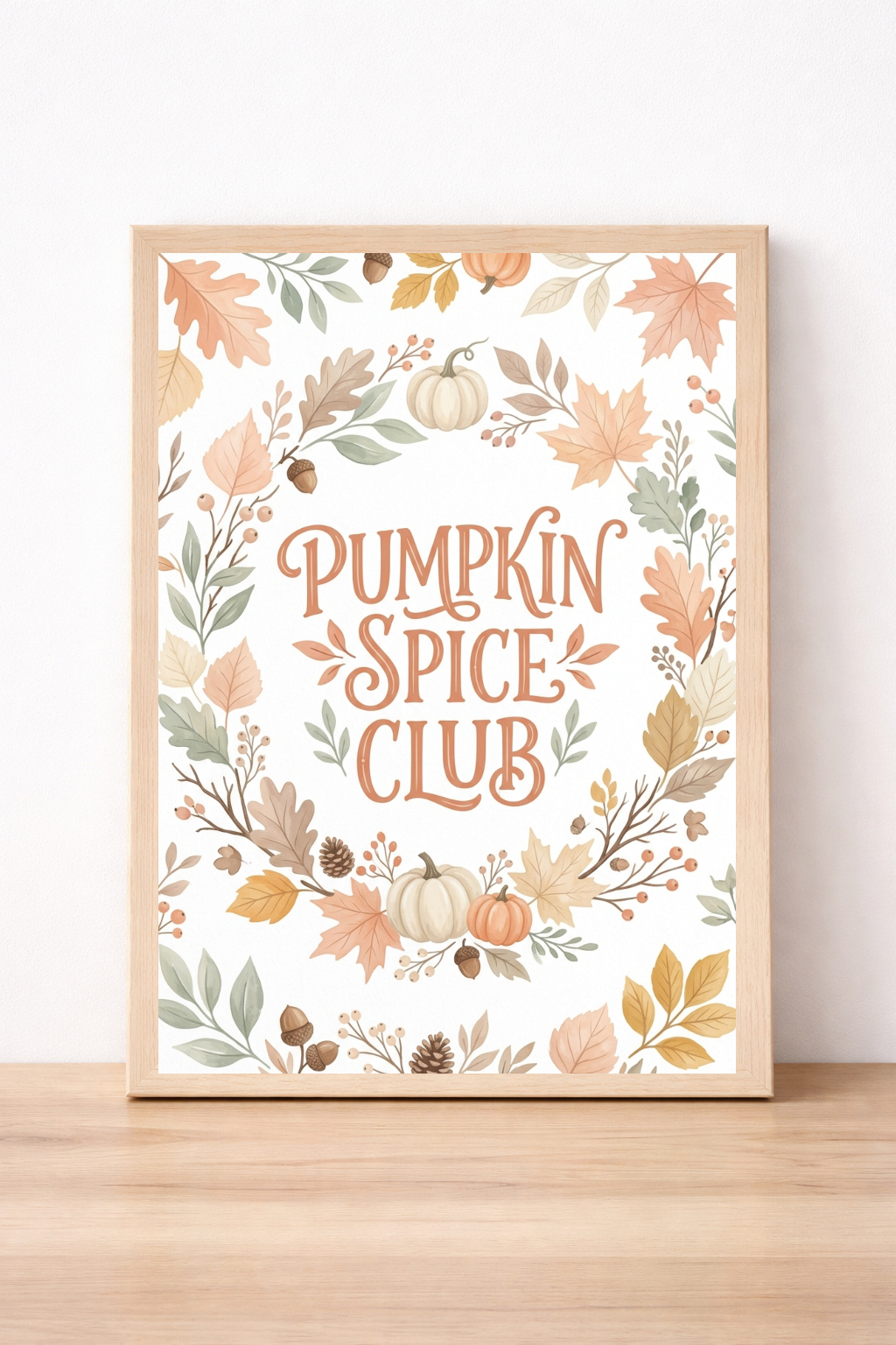 Pumpkin Spice Club Autumn Print, Seasonal Leaf And Acorn Wall Art, Rustic Home Decor