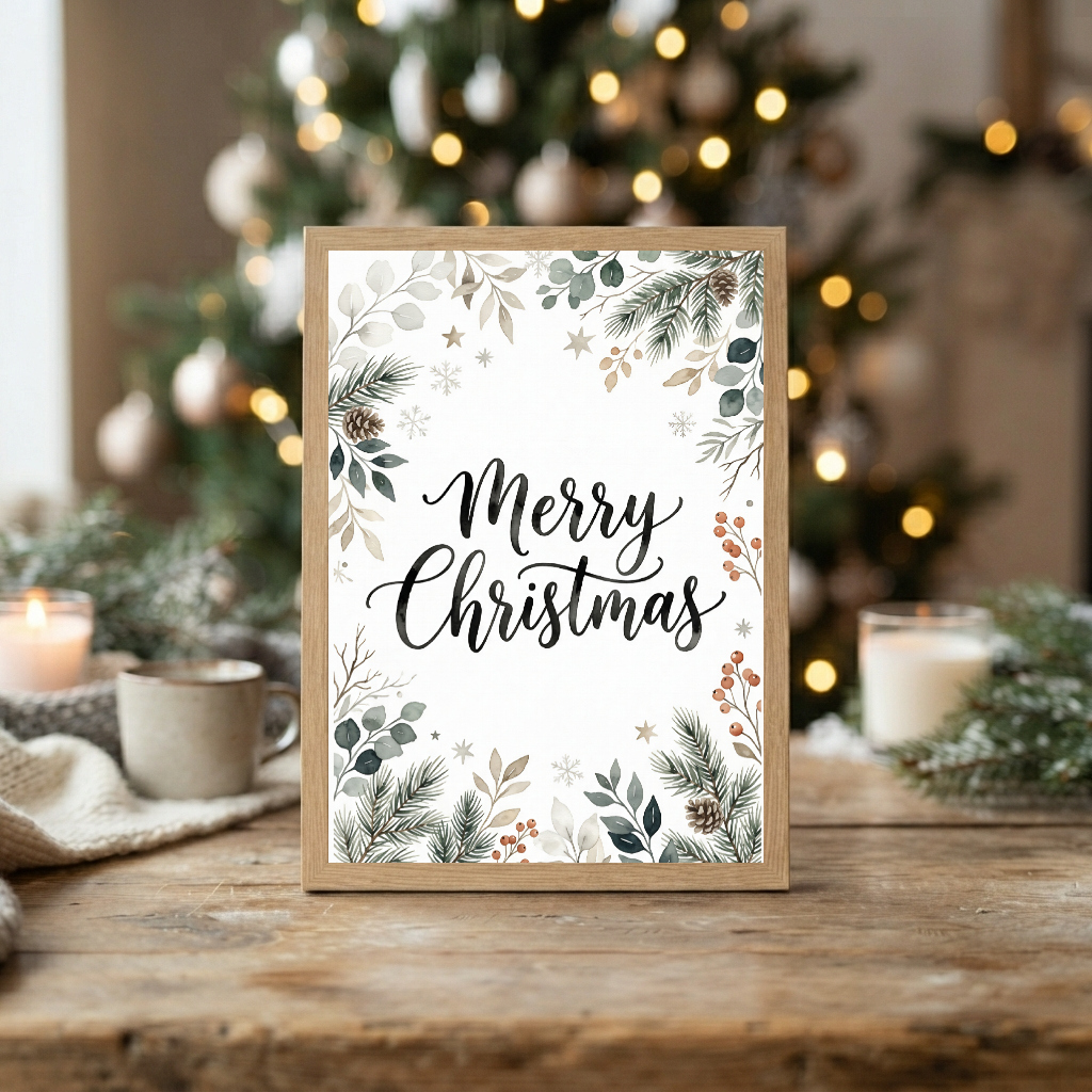Merry Christmas Wall Art Festive Botanical Print Rustic Winter Foliage Decor