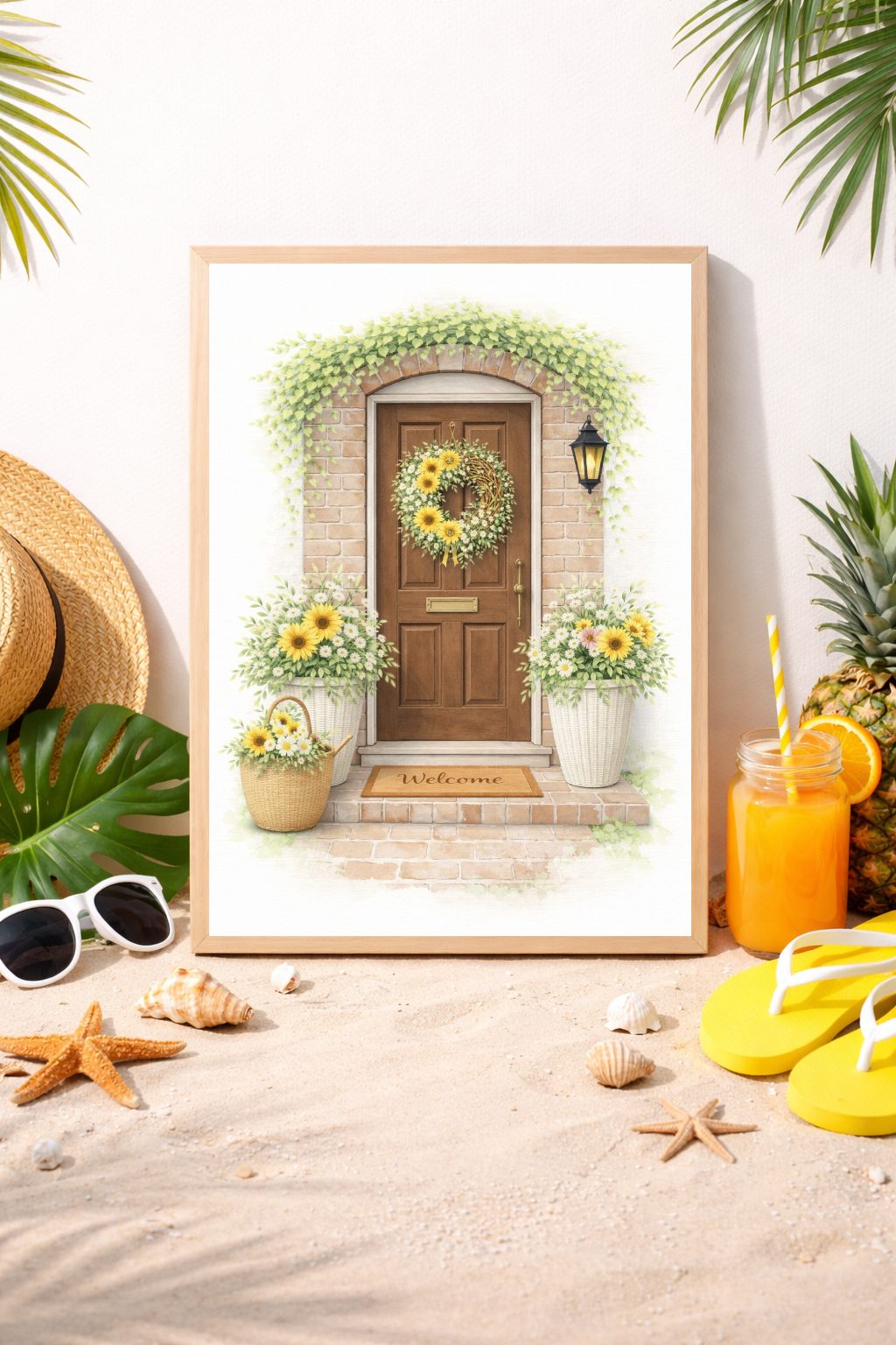 Brown Door Summer Cottage Door Wall Art – Rustic Sunflower Entrance Print, Farmhouse Decor, Country Home Illustration