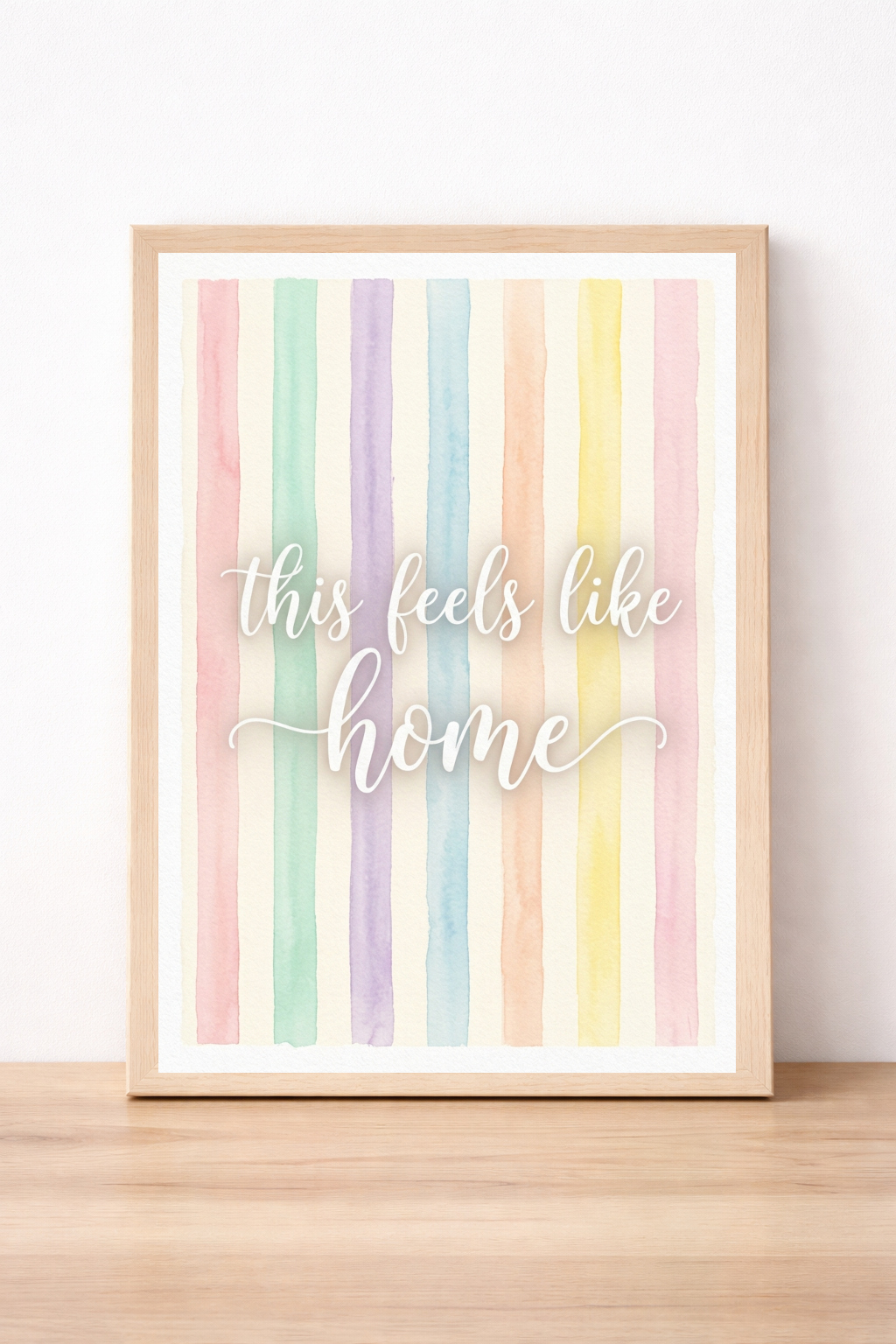 This Feels Like Home Wall Art, White Text Pastel Watercolour Stripes Print, Modern Typography Decor